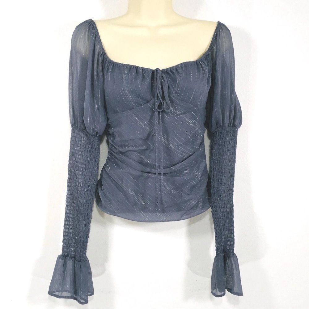 Wayf Chiffon Top Puffed Sleeve Metallic Fairy Whimsy Goth Smocked Milkmaid 6